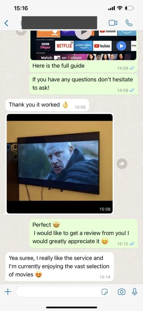 NovaStar IPTV WhatsApp support conversation